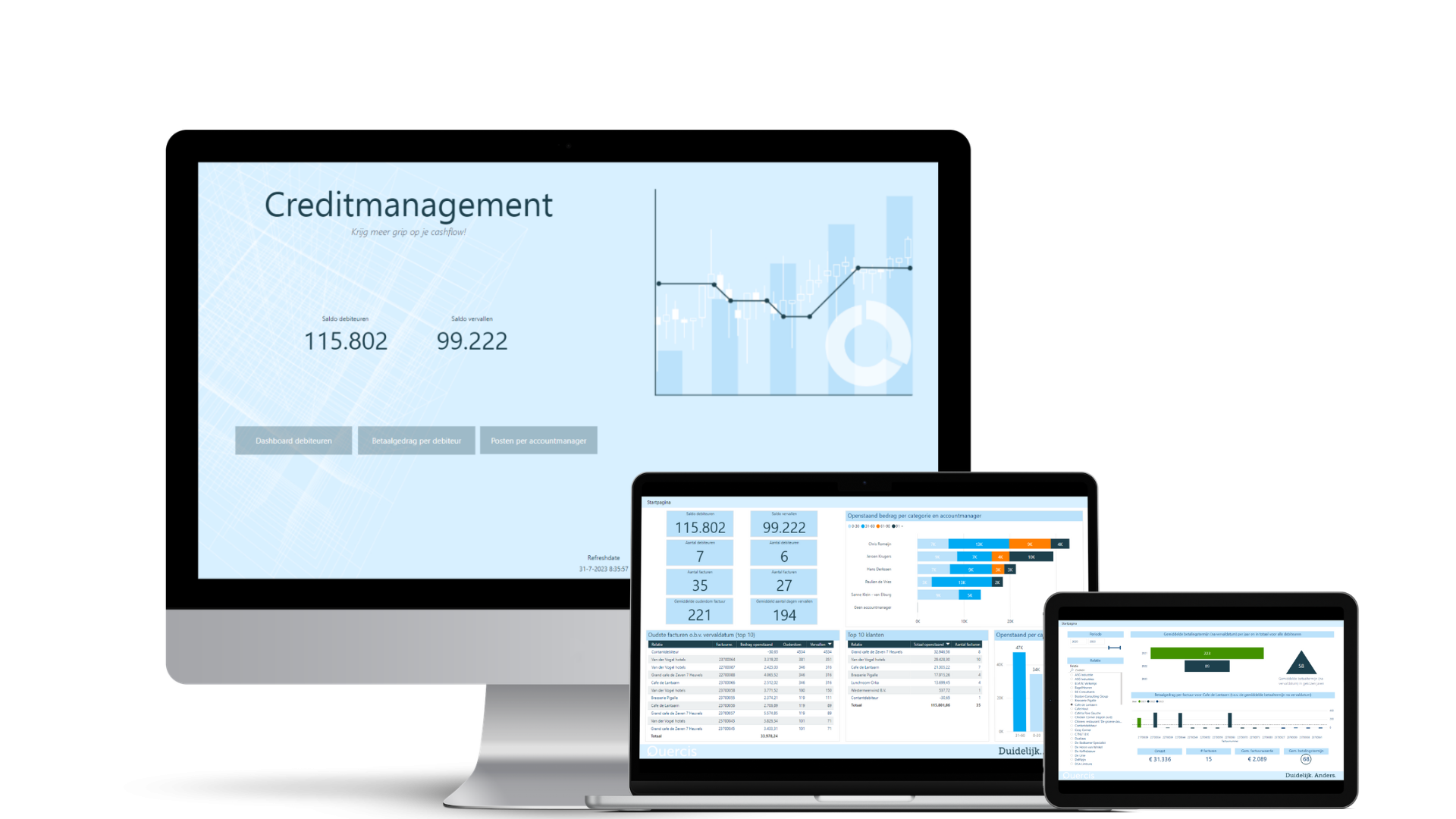 Collega aan het bellen met Quercis business portal op scherm